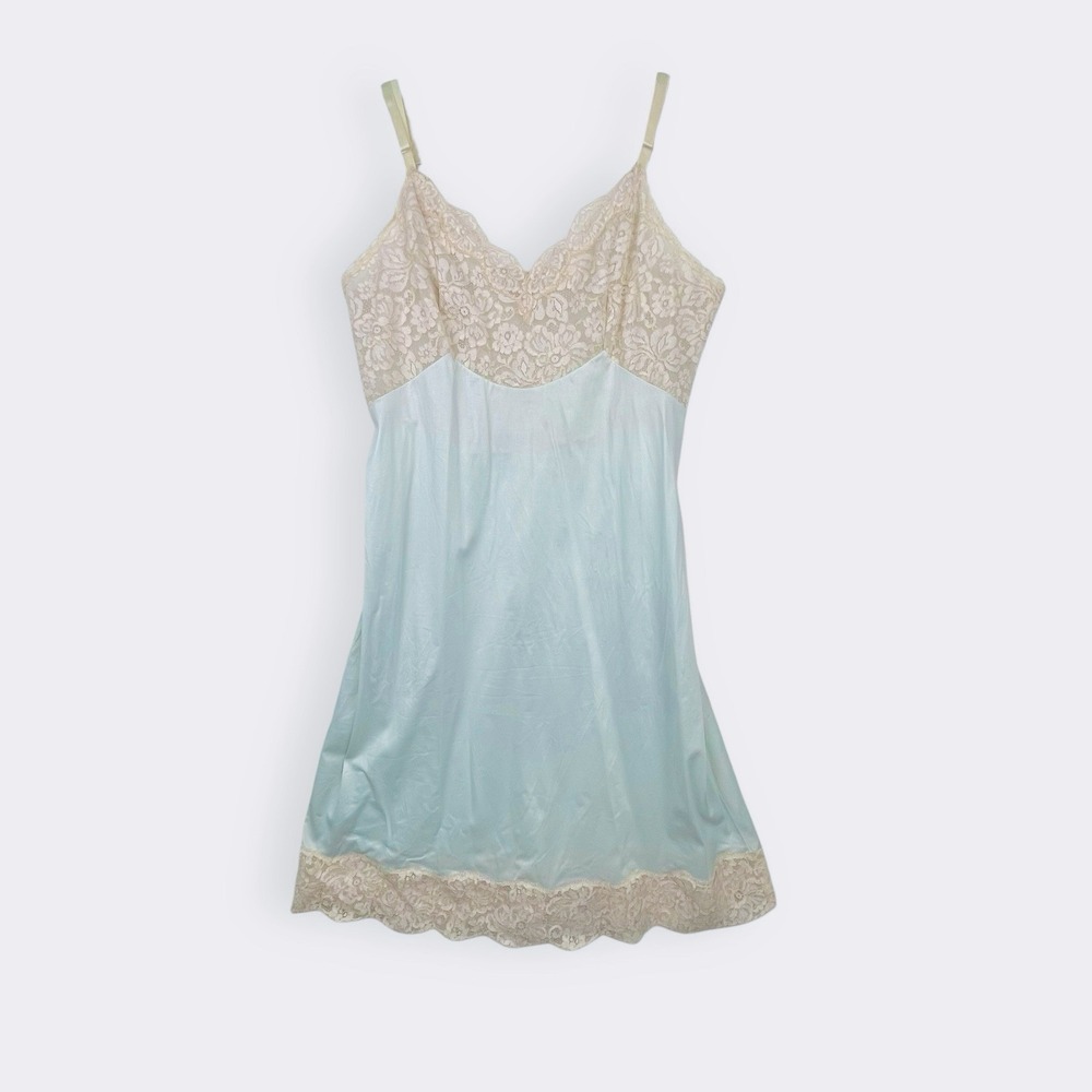 Vintage Vanity Fair Blue Full Slip Dress Sz 34 Small Nylon Tricot Lace‎ 1960s